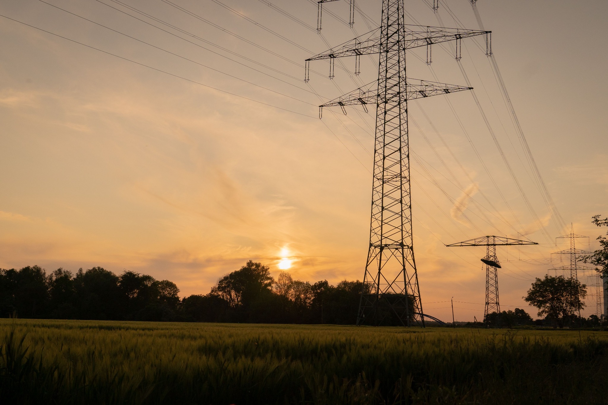 Transmission lines across a rural landscape at sunset.