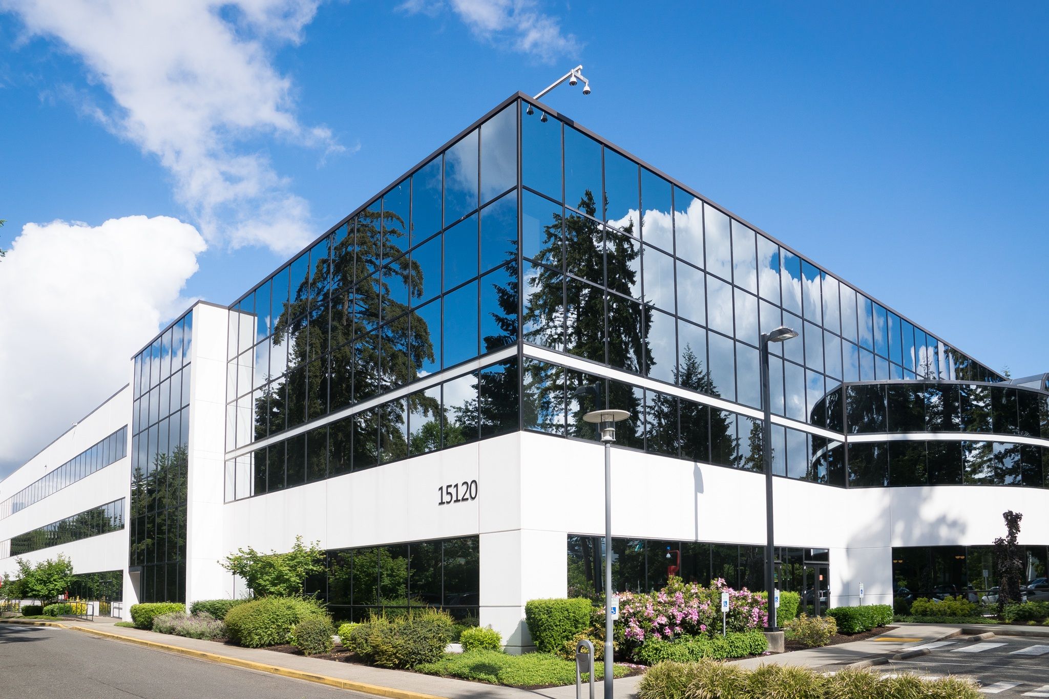 Building exterior with reflective glass windows.