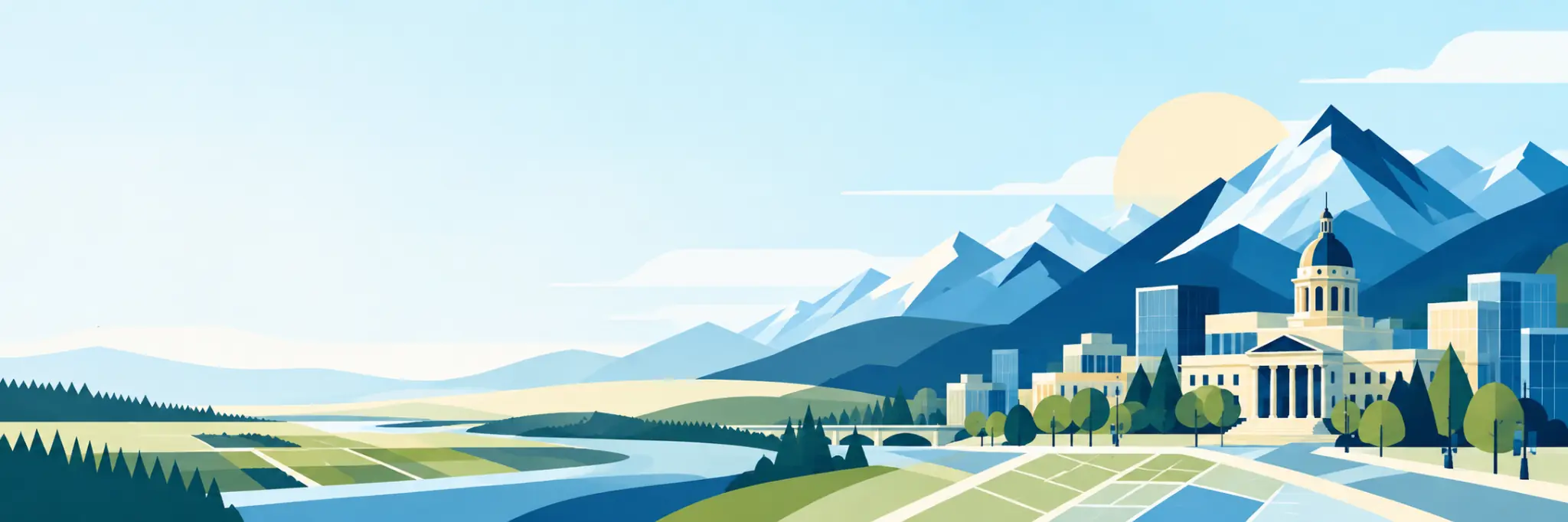 Illustrated Alberta landscape with mountains, river, fields, city buildings, and a domed civic building.